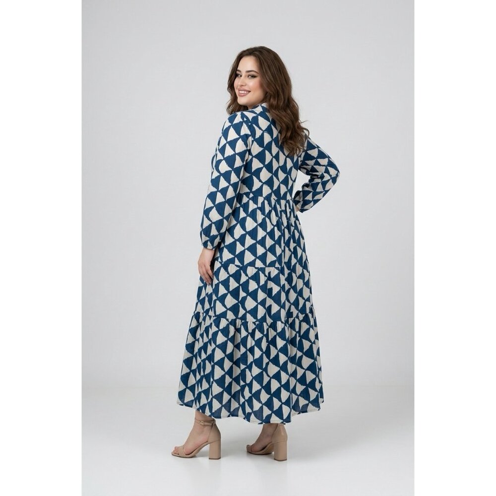NEW Rachel Zoe Geo Print Tiered Hem Maxi Dress Blue White 1X Cotton Stretch Plus - Picture 3 of 3